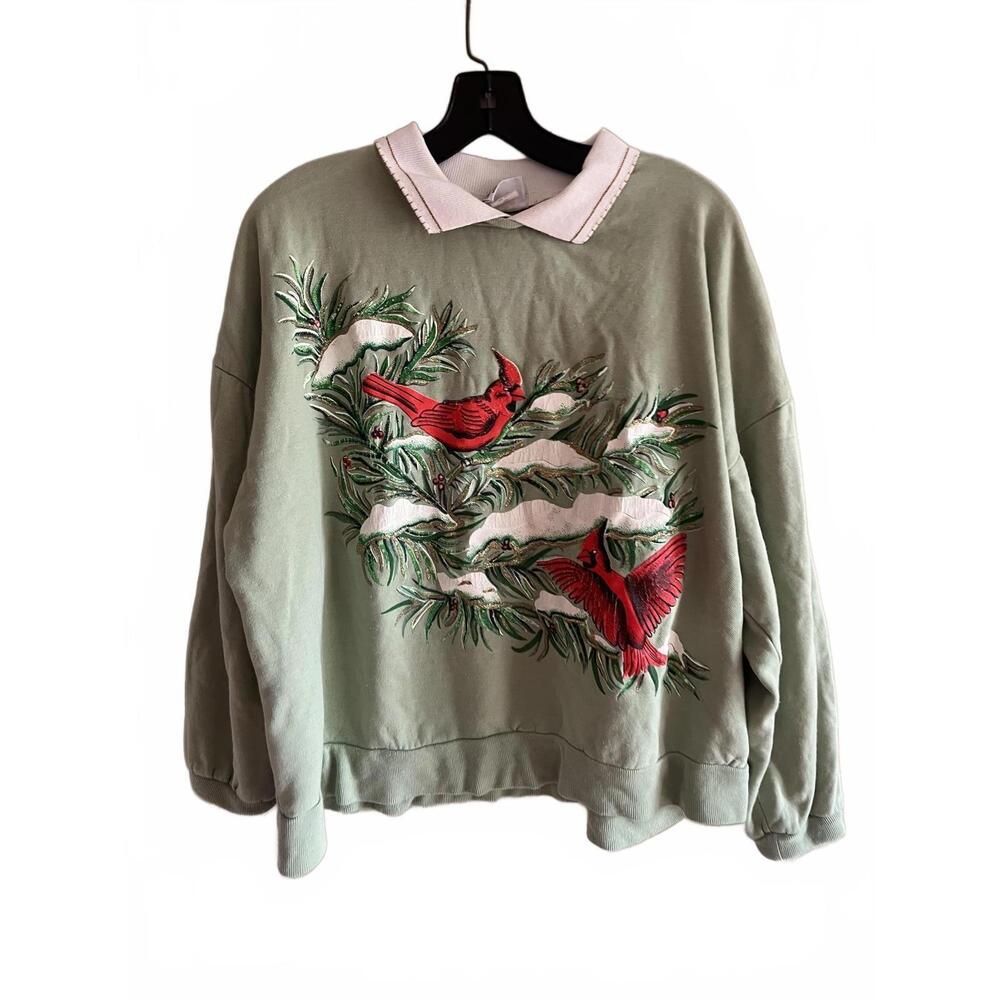 Haband For Her Green Embroidered Cardinal Birds White Collar‎ Sweatshirt 2X